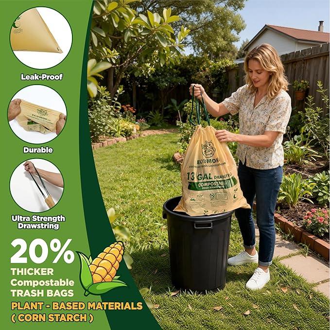 EcoMokii 13 Gallon Compostable Trash Bags with Drawstring, 30 Count, 49.2 Liter, 1.2 Mil Heavy Duty Extra Thick Large Kitchen Garbage Bin Liners, Compost Food Scraps Bag, BPI (ASTM D6400) - NeatNest