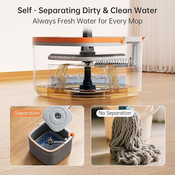 KZKR Spin Mop and Bucket Set with 2 Replaceable Microfiber Mop Pads with Self Separation Dirty and Clean Water System, Self Wringing 360° Rotating Square Mop Head for Hardwood Tile Marble Floors - NeatNest