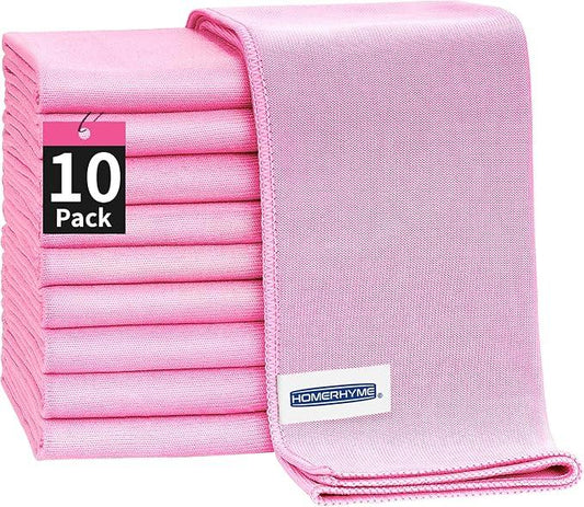 HOMERHYME Microfiber Cleaning Cloth - 10 Pack Glasses Cleaning Cloth, 16" x 14" Window Cleaning Rags, Streak Free Lint Free Polishing Cloths Wipes for Eye Glass, Stainless Steel, Windshield, Pink - NeatNest