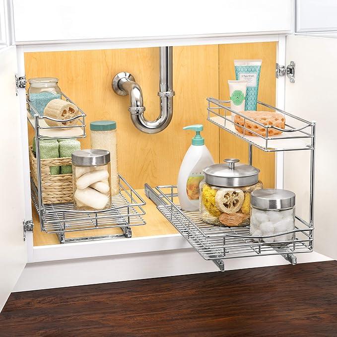 LYNK PROFESSIONAL® Pull Out Under Sink Kitchen Cabinet Organizer - 11.5 in. x 21 inch deep Drawer - Sliding Shelf Organizer for Cabinets and Undersink Storage Shelves - Lifetime Ltd. Warranty – Chrome - NeatNest