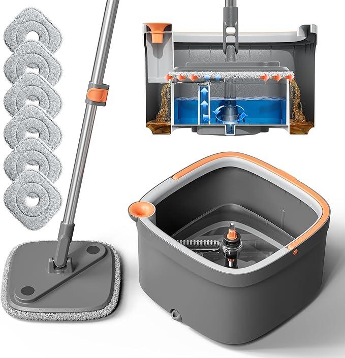 KZKR Spin Mop and Bucket Set with 6 Replaceable Microfiber Mop Pads with Self Separation Dirty and Clean Water System, Self Wringing 360° Rotating Square Mop Head for Hardwood Tile Marble Floors - NeatNest