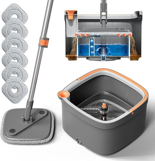 KZKR Spin Mop and Bucket Set with 6 Replaceable Microfiber Mop Pads with Self Separation Dirty and Clean Water System, Self Wringing 360° Rotating Square Mop Head for Hardwood Tile Marble Floors - NeatNest