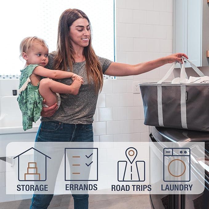 CleverMade Collapsible Laundry Tote - Denim Charcoal 2-Pack 50L - Foldable Storage Organization Container for Clothes Laundry Room Storage Solution - NeatNest