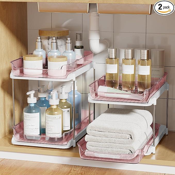 Delamu 2-Tier Multi-Purpose Bathroom Under Sink Organizers and Storage, Stackable Kitchen Pantry Organization, Pull Out Medicine Cabinet Organizer with Movable Dividers, Light Pink, 2 Pack - NeatNest
