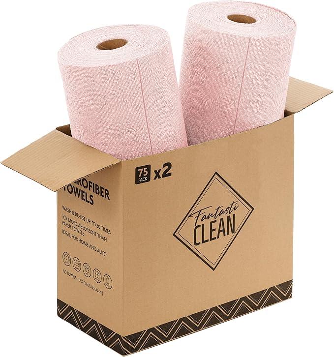 Fantasticlean Microfiber Cleaning Cloth Roll -150 Pack, Tear Away Microfiber Towels, 12" x 12", Reusable, Washable, Ultra Absorbent Dishcloth for Home Supplies, Car, Pet, Kitchen (2 Rolls of Pink) - NeatNest