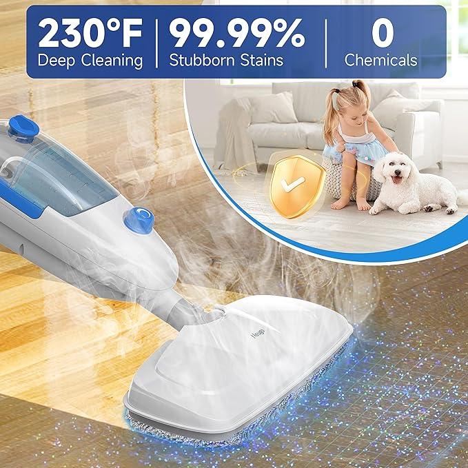 Steam Mop for Floor Cleaning, 10in1 Multi Purpose Handheld Steamer Cleaner Detachable for Vinyl, Laminate, Carpet, Tile Hard Floor Grout w/ 2 pad, 23ft Cord, 15oz Tank, Adjustable Steam & Height - NeatNest
