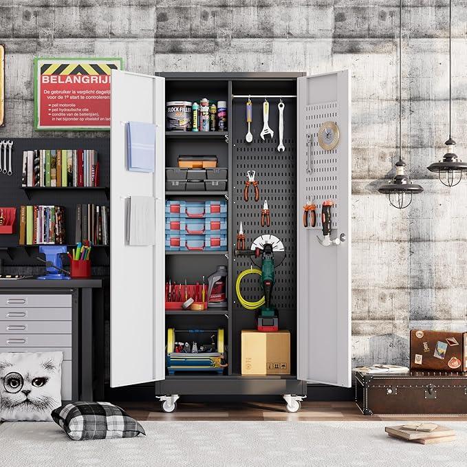 SUXXAN Broom Closet Storage Cabinet with Wheels 71.4"x 31.5"x15.7", Metal Cleaning Cabinets with Hooks and Hanging Rods, Lockable Cabinet with Pegboard, Adjustable Shelf(Black/White) - NeatNest