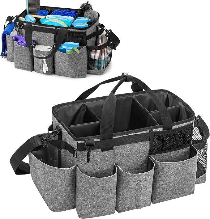 LoDrid Wearable Cleaning Caddy Bag with 4 Foldable Dividers, Cleaning Supply Organizer with Shoulder Strap and Side Handles for Cleaners & Housekeepers, Grey - NeatNest