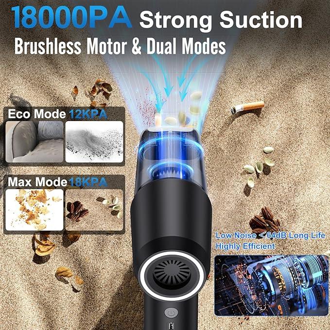 Fanisic Car Vacuum Handheld Vacuum Cleaner/Air Duster, 18000PA Strong Suction with Brushless Motor, Rechargeable Dust Buster/Hand Pump Low Noise for Car Detailing Home Office Cleaning - NeatNest