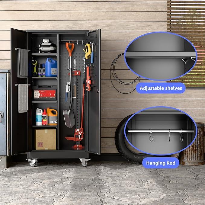 SUXXAN Broom Closet Storage Cabinet with Wheels 61.6"x 27.5"x11.7", Metal Cleaning Cabinets with Hooks and Hanging Rods, Lockable Cabinet with Pegboard, Adjustable Shelf,for Garage, Laundry Room - NeatNest