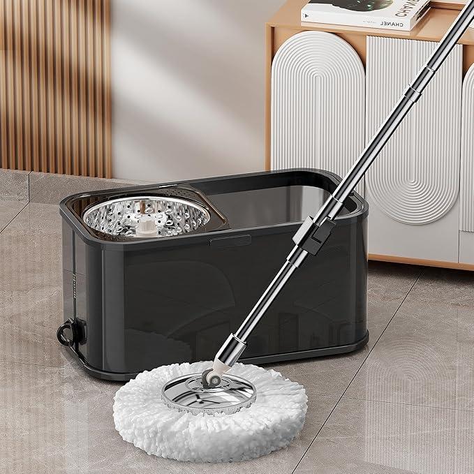 Spin Mop and Bucket with Wringer Set for Home,360° Mop and Bucket with Separate Clean and Dirty Water,Wet Dust Mop for Floor Cleaning with Extra Refills (Black) - NeatNest