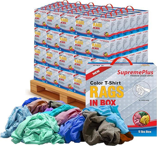 Premium Color Knit Cleaning Rags (600 lbs. Pallet 120x5 lbs. Compressed Boxes) – Shop Cloths Bulk for Workshops, Mechanics, Painters, and Home Use, Multipurpose Cotton T-Shirt Rags - NeatNest