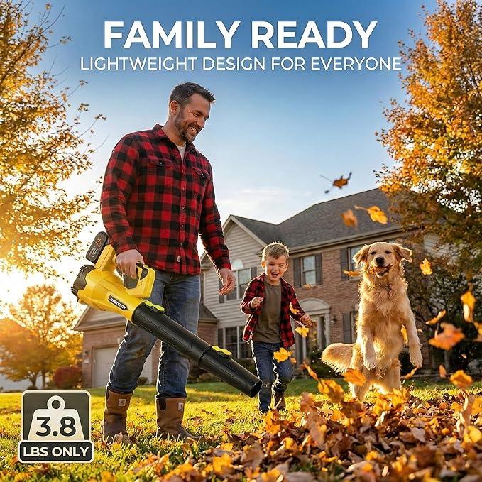 21V Cordless Leaf Blower - 3500W 350m/s, Stepless Variable Speed, Extended Nozzle, Rechargeable with Safety Gear (Yellow:2*Battery + Charger) - NeatNest