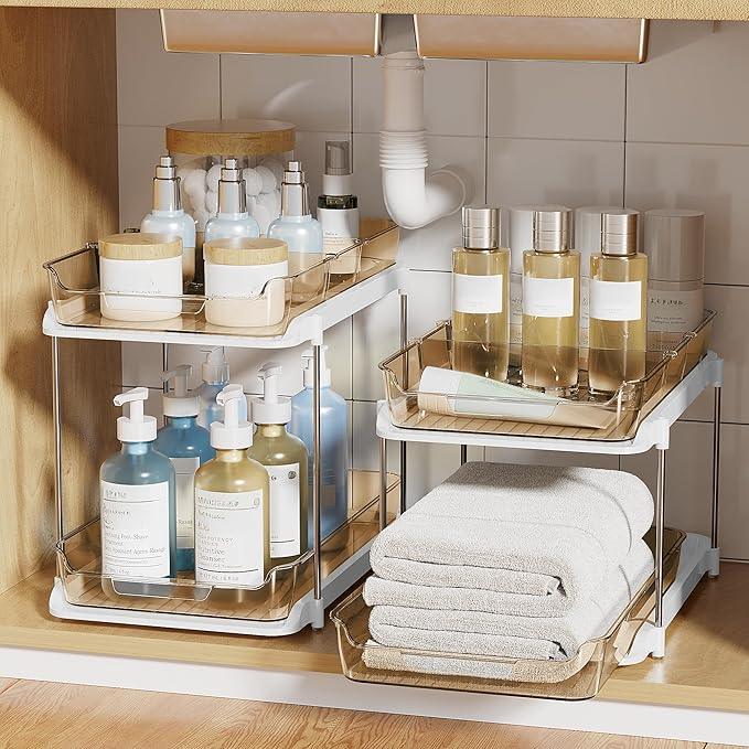 Delamu 2-Tier Multi-Purpose Bathroom Under Sink Organizers and Storage, Stackable Kitchen Pantry Organization, Pull Out Medicine Cabinet Organizer with Movable Dividers, Amber, 2 Pack - NeatNest