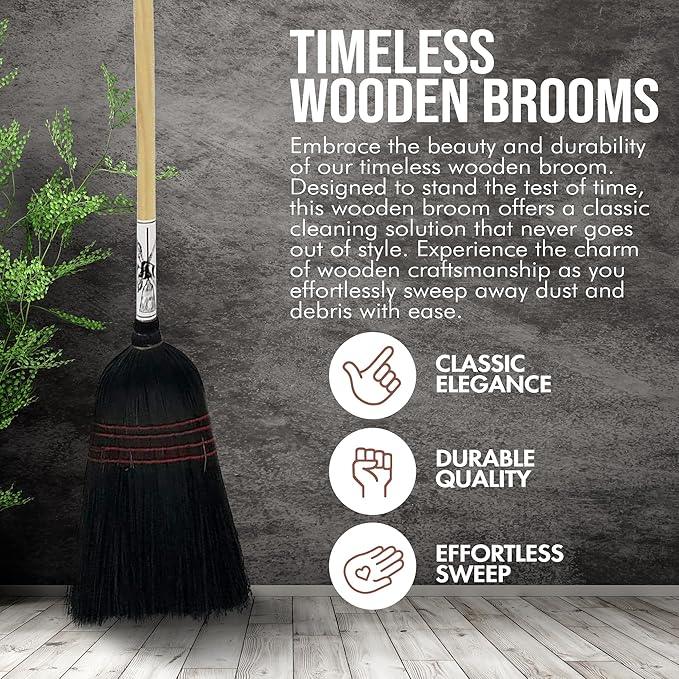Handmade Amish Corn Broom with Wooden Handle – 57" Heavy Duty Broom for Courtyard, Lobby & Market, 100% Corn Fill Straw Broo'm, 4 Sews Indoor & Outdoor Bristle for Sweeping - Black - NeatNest