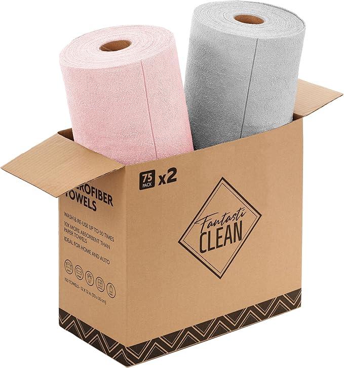 Fantasticlean Microfiber Cleaning Cloth Roll -150 Pack, Tear Away Microfiber Towels, 12" x 12", Reusable, Washable, Ultra Absorbent Dishcloth for Home Supplies, Car, Pet, Kitchen (Pink & Grey) - NeatNest