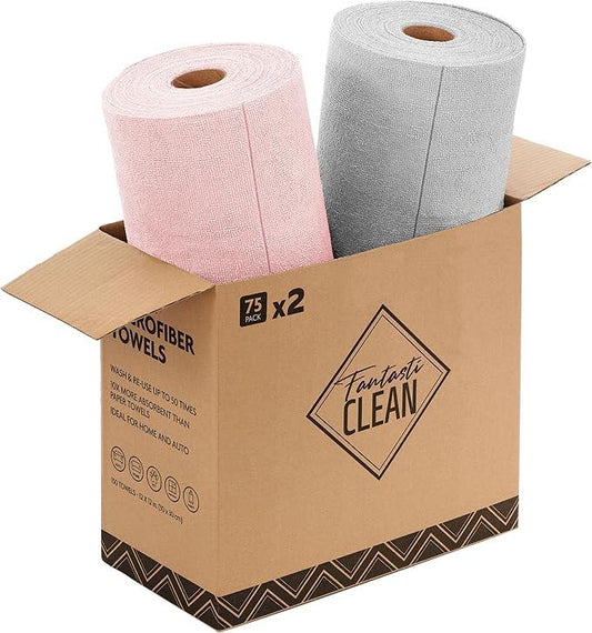 Fantasticlean Microfiber Cleaning Cloth Roll -150 Pack, Tear Away Microfiber Towels, 12" x 12", Reusable, Washable, Ultra Absorbent Dishcloth for Home Supplies, Car, Pet, Kitchen (Pink & Grey) - NeatNest