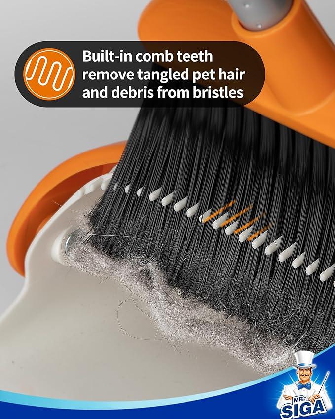 MR.SIGA Broom and Dustpan Set with Long Handle, Stand Upright Broom with Dustpan Combo for Cleaning Office, Garage, Lobby, Lightweight Sweeping Set, 51.7"(131 cm) Long Handle, White & Orange - NeatNest