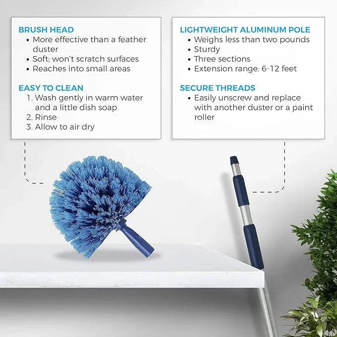 Cobweb Duster Extendable 18 Foot High Reach Ceiling Fan Duster | 3-Stage Aluminum Telescoping Pole | Medium Stiff Bristles | Long Handle Webster Microfiber Duster for Cleaning | U.S Duster Co. - NeatNest