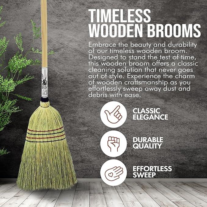 Handmade Amish Corn Broom with Wooden Handle – 57" Heavy Duty Broom for Courtyard, Lobby & Market, 100% Corn Fill Straw Broo'm, 4 Sews Indoor & Outdoor Bristle for Sweeping - Yellow - NeatNest
