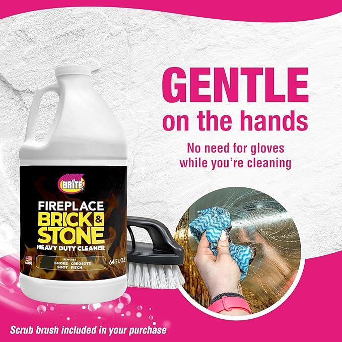Quick 'n Brite Fireplace Brick and Stone Cleaner 64oz - Natural Stone, Tile, and Marble Cleaner with Scrub Brush - Indoor Fireplace and Wood Stove Cleaning Kit - Pellet Stove Creosote Remover - NeatNest