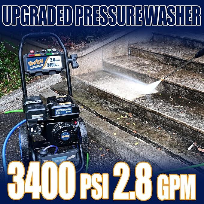TOOLCY 3400 PSI Gas Pressure Washer, 2.8 GPM Gas Powered Power Washer with Soap Tank, Reinforced Pump & 212cc OHV Engine, 35 FT Pressure Hose, Quick Connect Swivel Pressure Gun, 5 Nozzles for Homes - NeatNest