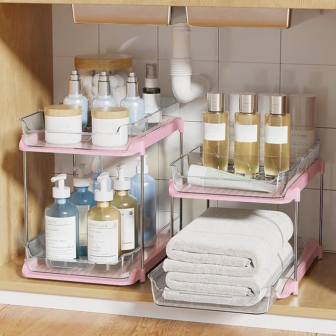 Delamu 2-Tier Multi-Purpose Bathroom Under Sink Organizers and Storage, Stackable Kitchen Pantry Organization, Pull Out Medicine Cabinet Organizer with Movable Dividers, Pink, 2 Pack - NeatNest