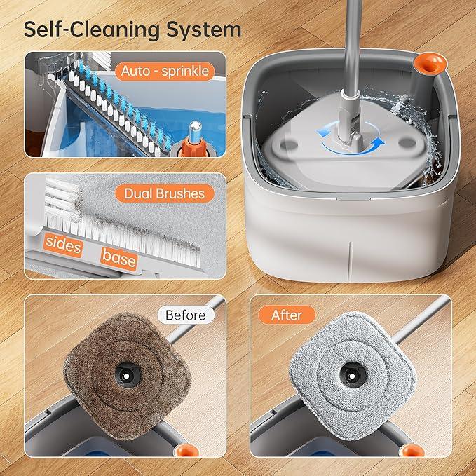 KZKR Spin Mop and Bucket Set with Self Separation Dirty and Clean Water System, Self Wringing 360° Rotating Square Mop Head for Home Floors Cleaning (1.0 Mop and Bucket Set (4 Pads)) - NeatNest