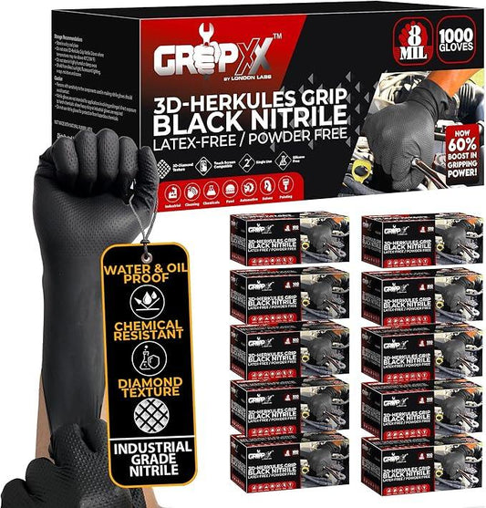 Herkules Grip Heavy Duty 8Mil Black Nitrile Gloves,3D Raised Diamond Texture-Latex & Powder-Free Industrial, Mechanic - NeatNest