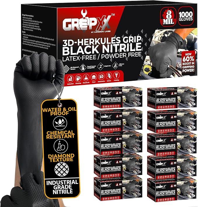Herkules Grip Heavy Duty 8Mil Black Nitrile Gloves,3D Raised Diamond Texture-Latex & Powder-Free Industrial, Mechanic - NeatNest