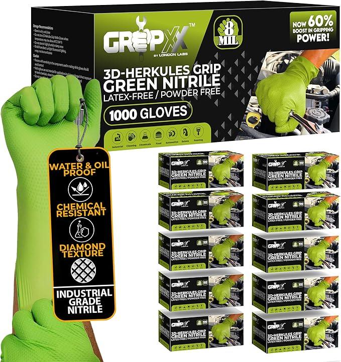 Herkules Grip Heavy Duty 8Mil Green Nitrile Gloves,3D Raised Diamond Texture-Latex & Powder Free-Industrial, Mechanic | Bulk Case of (1000 CT) - NeatNest