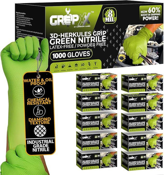 Herkules Grip Heavy Duty 8Mil Green Nitrile Gloves,3D Raised Diamond Texture-Latex & Powder Free-Industrial, Mechanic | Bulk Case of (1000 CT) - NeatNest