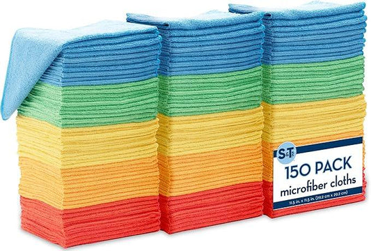 S&T INC. 150 Pack Microfiber Cleaning Cloth, Bulk Towels for Home, Reusable Microfiber Towels for Cars, Cleaning Rags, Assorted, 11.5 Inches x 11.5 Inches, 150 Count - NeatNest