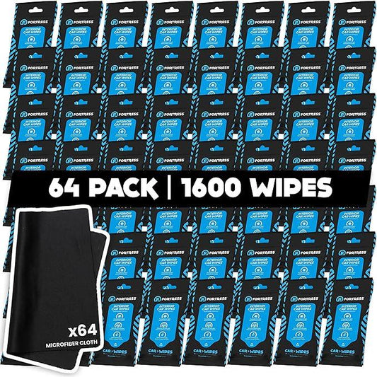 Fortress Car Interior Wipes with Microfiber Cloth (25 ct, Pack of 64) for Car Interior Cleaning, Dashboard, Seats, Detailing, and Steering Wheel [Travel Size] Skin-Safe Car Interior Cleaner Supplies - NeatNest