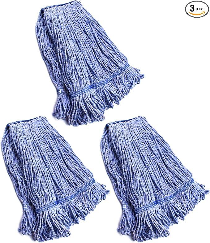 String Mop Heads Replacement Heavy Duty Commercial Grade Blue Cotton Looped End Wet Industrial Cleaning Mop Head Refills (3, Medium) - NeatNest