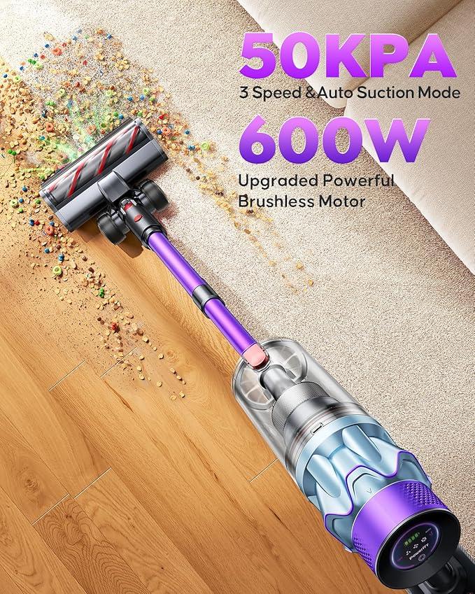 Cordless Vacuum Cleaner 65min/600W/50KPA Self-Standing Vacuum Cleaners for Home with 3.3Ft Hose & Auto Mode, Wall Mount Charging Stick Vacuums with Fragrance Dust-Scraper for Hardwood Floor/Car/Pet - NeatNest