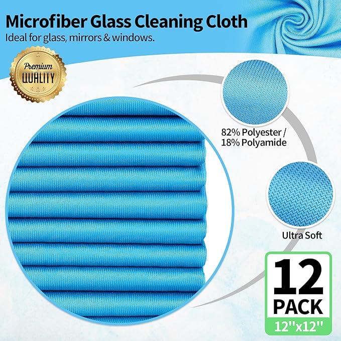 HOMERHYME Microfiber Glass Cleaning Cloth, 12 Pack Window Glass Cleaning Rags, Reusable Lint-Free Streak Free Polishing Cloth Wipes for Stainless Steel, Eyeglasses, Mirrors, Screens & Lenses,12" 12" - NeatNest