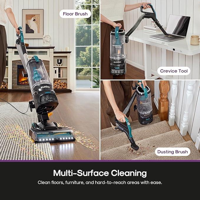 Eureka FlexReach Plus Bagless Upright Vacuum Cleaner for Home,Pet Vacuum for Carpet and Hard Floor, Lift-Up Vacuum with Flooring Type Sensor, HEPA Filter,Anti-Tangle, NEU652, Green - NeatNest