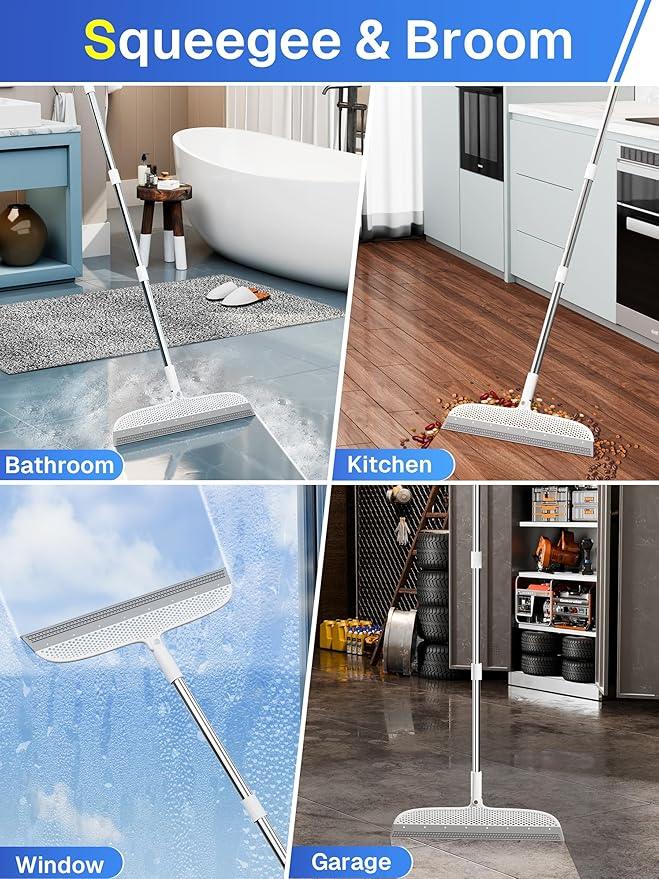 Silicone Floor Squeegee & Broom – Long Handle Hair Remover for Water, Pet Hair – for Bathroom, Tile, Concrete, Garage, Deck, Glass – Indoor Outdoor Cleaning Tool – White - NeatNest