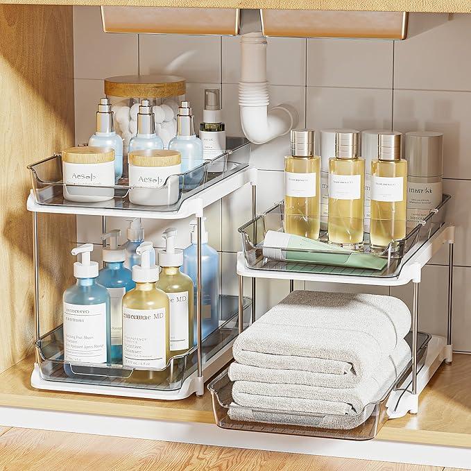 Delamu 2-Tier Multi-Purpose Bathroom Under Sink Organizers and Storage, Stackable Kitchen Pantry Organization, Pull Out Medicine Cabinet Organizer with Movable Dividers, Grey, 2 Pack - NeatNest