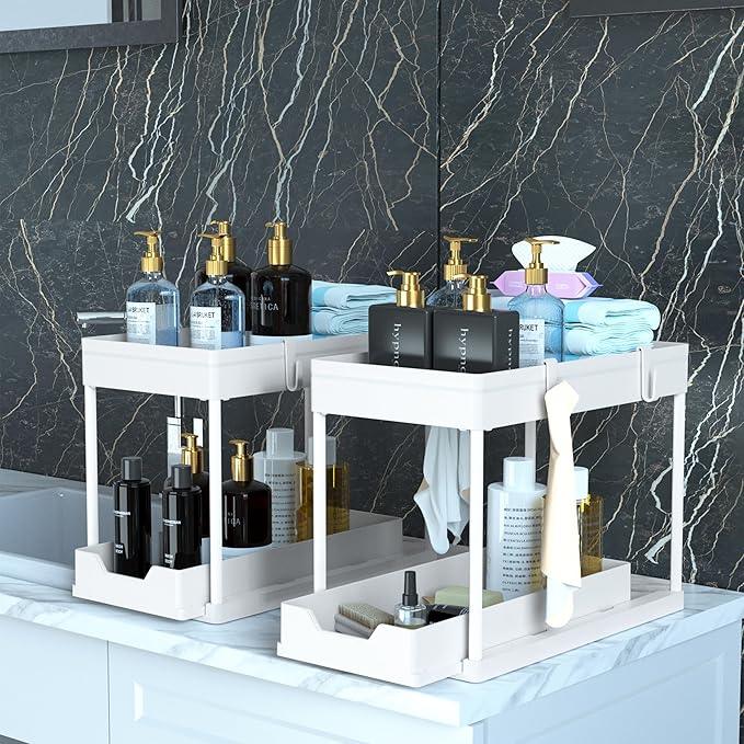 2 Pack Under Sink Organizer, 2 Tier Bathroom Cabinet Organizer with Sliding Basket, Multi-Purpose Under Sink Organizers and Storage for Bathroom Kitchen (White 2 Pack) - NeatNest