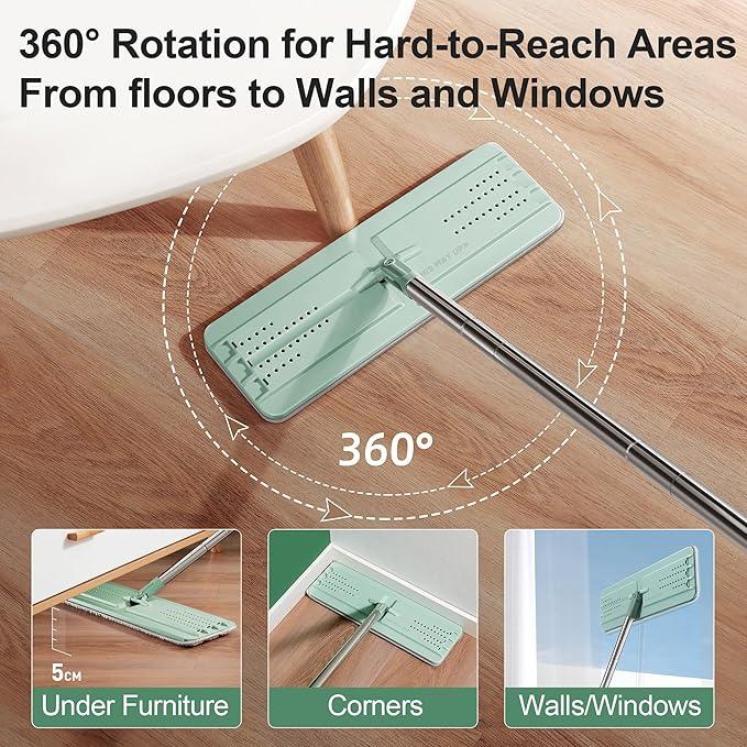 JOYMOOP 8L Large Capacity Flat Mop System (Light Green) with Extension Handle, Ideal for Floor, Window, and Wall Cleaning - Includes 3 Washable Microfiber Pads for Wet and Dry Use - NeatNest