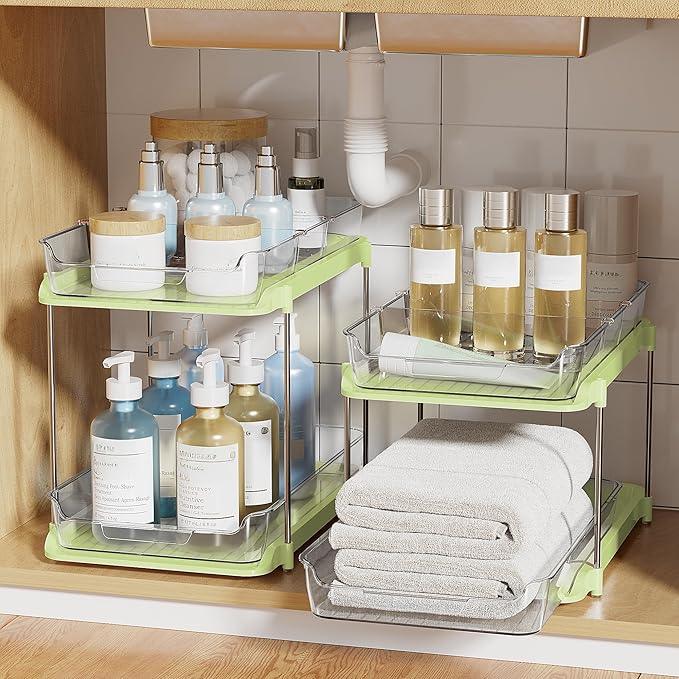 Delamu 2-Tier Multi-Purpose Bathroom Under Sink Organizers and Storage, Stackable Kitchen Pantry Organization, Pull Out Medicine Cabinet Organizer with Movable Dividers, Green, 2 Pack - NeatNest