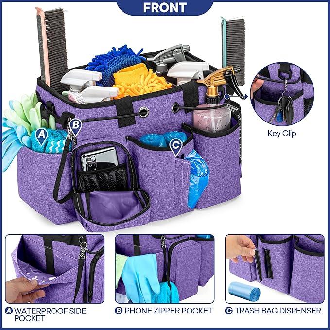 LoDrid Large Professional Cleaning Caddy with Detachable Divider, Supply Organizer with Handle and Shoulder Strap, Cleaning Bags for Housekeepers & Cleaners, Purple - NeatNest