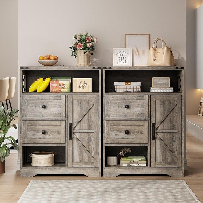 Fameill Farmhouse Storage Cabinet with 2 Drawers & Shelves,Freestanding Kitchen Cabinet with Doors,Floor Storage Organization for Living Room,Bathroom,Laundry,Grey - NeatNest