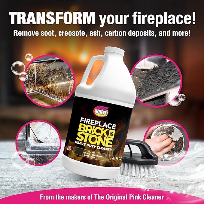 Quick 'n Brite Fireplace Brick and Stone Cleaner 64oz - Natural Stone, Tile, and Marble Cleaner with Scrub Brush - Indoor Fireplace and Wood Stove Cleaning Kit - Pellet Stove Creosote Remover - NeatNest