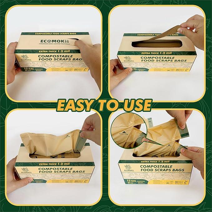 EcoMokii 13 Gallon Compostable Trash Bags with Drawstring, 30 Count, 49.2 Liter, 1.2 Mil Heavy Duty Extra Thick Large Kitchen Garbage Bin Liners, Compost Food Scraps Bag, BPI (ASTM D6400) - NeatNest