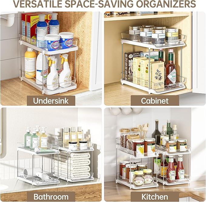 Delamu 2-Tier Multi-Purpose Bathroom Under Sink Organizers and Storage, Stackable Kitchen Pantry Organization, Pull Out Medicine Cabinet Organizer with Movable Dividers, White, 1 Pack - NeatNest
