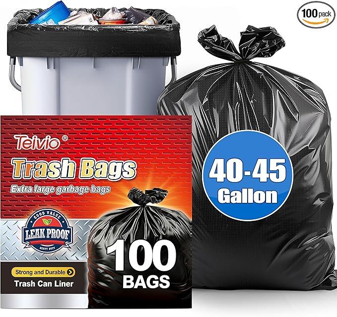 Teivio 40-45 Gallon Large Black Trash Bags 100 Counts All Purpose Trash Bags,39,40,42,44,45 Gal,Heavy Duty Garbage Bags,For Industrial, Commercial, Construction, Outdoor, Lawn, Leaf, Can liners - NeatNest