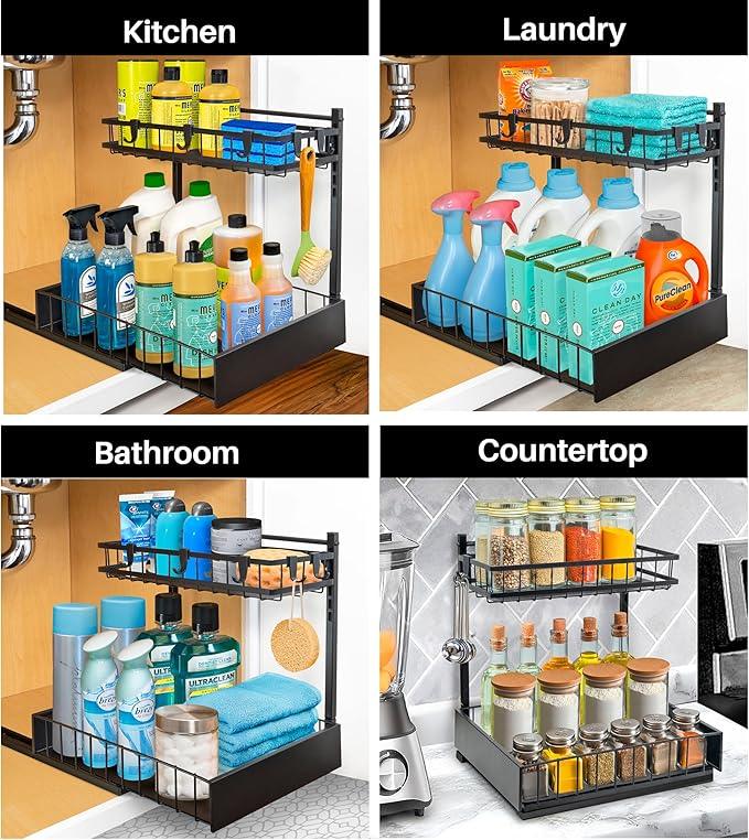 LYNK PROFESSIONAL® Pull Out Under Sink Kitchen Cabinet Organizer - 10" W x 14" D 2-Tier Drawer - Sliding Shelf Organizer for Cabinets and Undersink Storage Shelves - Lifetime Ltd. Warranty – Black - NeatNest